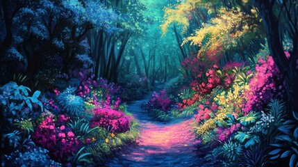 Enchanted Forest Path with Vibrant Flowers