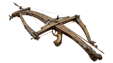 A medieval crossbow with intricate carvings and metalwork, isolated on aTransparent background, PNG file to emphasize its engineering and historical use.