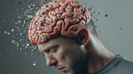 A distressed man with an exploding brain, symbolizing overwhelming thoughts and mental strain, captures the essence of psychological turmoil and chaos.