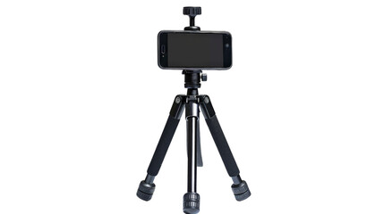 A portable and adjustable tripod with a smartphone mount, displayed against a cleanTransparent background, PNG file . The tripod features adjustable legs and a clip for easy phone attachment.