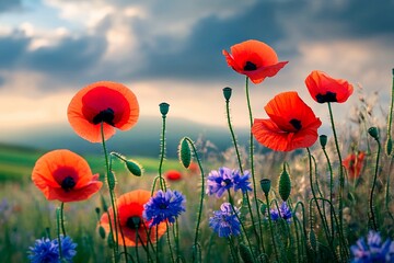 Obraz premium Vibrant wildflowers bloom under a colorful sky at sunset in a serene meadow