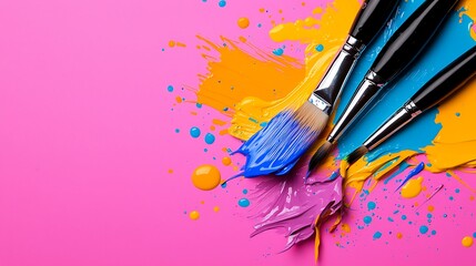 Obraz premium Vibrant Paint Brushes and Colorful Splashes