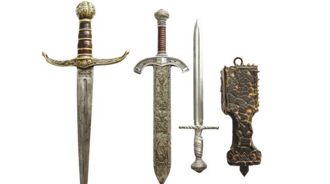A set of ancient weapons including a ceremonial sword, an ornate dagger, and a historical mace, all isolated against a pure white backdrop to highlight their craftsmanship and historical importance.
