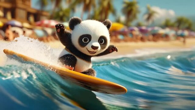 Scene of video cute panda surfing, smooth repeating motion for background video animation.