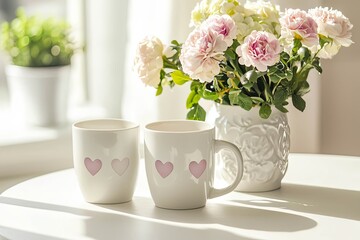 Two coffee mugs with heart designs placed on a white table beside a vase of fresh flowers.