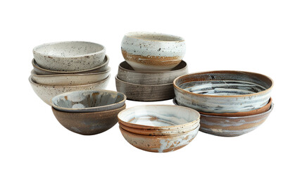 A set of earthenware bowls with unique glazes and textures, arranged on aTransparent background, PNG file to showcase their artisan craftsmanship and earthy charm.