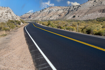 Road with a yellow line down the middle. The road is empty. There are no cars on the road