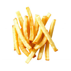 A pile of golden, crispy French fries arranged neatly on a black background. The fries are perfectly cooked with a crunchy texture, ideal for fast food or snack-themed visuals.