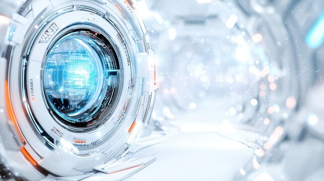 A sleek, futuristic machine features a prominent blue light at its center, showcasing advanced technology and innovative design.