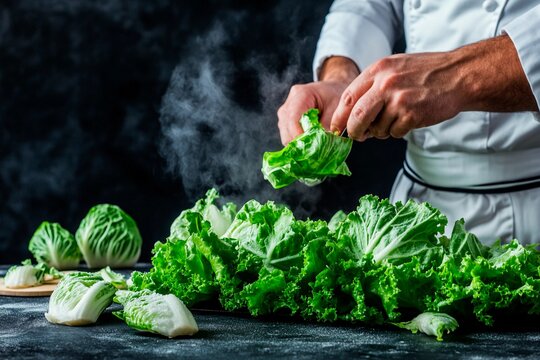 Chef skillfully prepares fresh green lettuce in a cozy kitchen during a culinary session