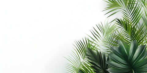 Obraz premium Palm leaves on a white background, a tropical plant, a banner with a copy space area. bokeh background