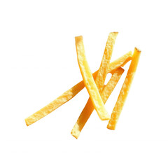 A pile of golden, crispy French fries arranged neatly on a black background. The fries are perfectly cooked with a crunchy texture, ideal for fast food or snack-themed visuals.