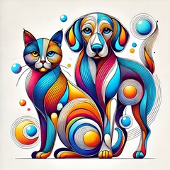 Fototapeta premium Abstract illustration of a cat and dog, colorful swirls, vibrant design 