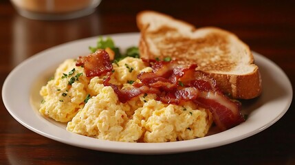 Plate of fluffy scrambled eggs with crispy bacon and toast