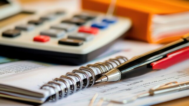 Close-up of financial documents, calculator, pen and spiral notebook. Accounting, finance, budget, business, planning,  details concept.