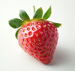 A vibrant strawberry with green leaves on a white background