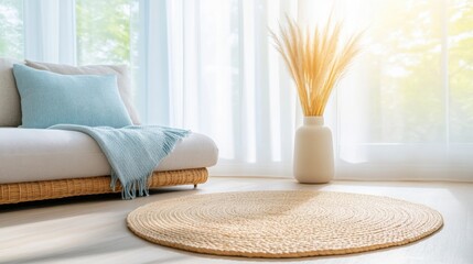 A bright and airy living room with a rattan sofa, layered with throw pillows 