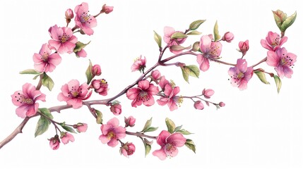 Elegant Branch with Pink Flowers Watercolor Digital Illustration