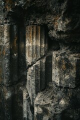 Obraz premium Dark, segmented rocky wall with some orange rust present.