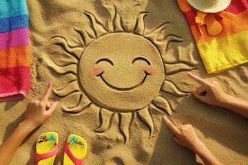 A cheerful sun is carefully drawn in the soft sand on a sunny beach