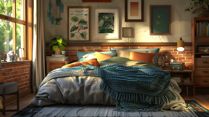 Cozy modern bedroom with layered bedding and warm accents