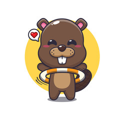 Fototapeta premium beaver mascot cartoon character vector illustration playing hula hoop.