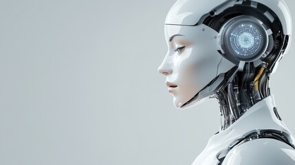 A detailed close-up view of a robot wearing headphones against a clean white background, highlighting its technological features and design.