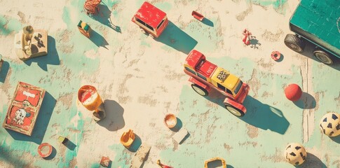 Vintage Toy Vehicles Scattered On Weathered Surface