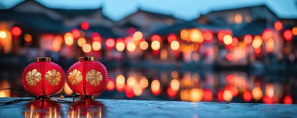 Naklejka premium Chinese new year celebration concept. Beautiful red lanterns reflecting on water, creating a serene and festive atmosphere.