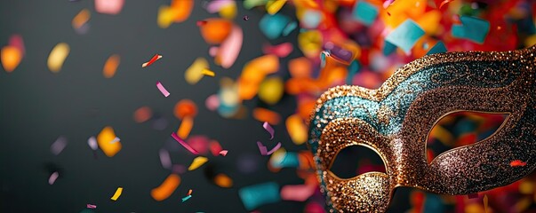 Carnival celebration concept. A vibrant masquerade mask surrounded by colorful confetti, celebrating joy and festivities.