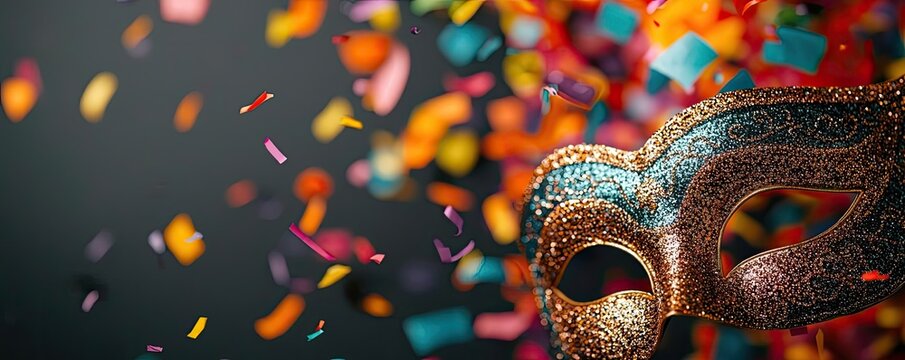 Carnival celebration concept. A vibrant masquerade mask surrounded by colorful confetti, celebrating joy and festivities.
