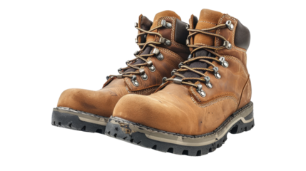 Durable hiking boots with rugged outsoles and reinforced toe caps, isolated on aTransparent background, PNG file