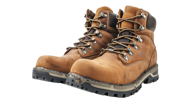 Durable hiking boots with rugged outsoles and reinforced toe caps, isolated on aTransparent background, PNG file