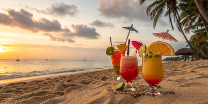 Vibrant Summer Cocktails at a Tropical Beach, Perfect for Celebrating Summer Vibes