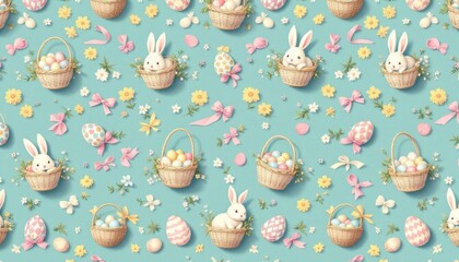 Whimsical easter pattern with bunnies, eggs, and flowers