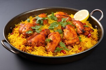 Fototapeta premium Tandoori chicken with yellow rice on pan paella food meat