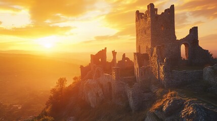 Fototapeta premium Ancient castle ruins on a hilltop at sunset, warm golden light, peaceful and tranquil, highly detailed, calm and historic, inviting and beautiful, iconic and timeless