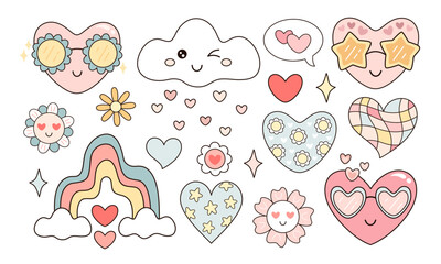 Retro Valentine clipart. Groovy Valentines day clipart. Valentine hearts, rainbow, flowers in cartoon flat style. Hand draw vector illustration