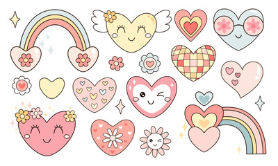Retro Valentine clipart. Groovy Valentines day clipart. Valentine hearts, rainbow, flowers in cartoon flat style. Hand draw vector illustration