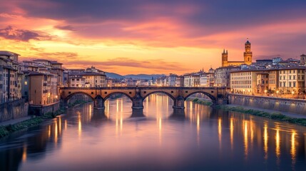 Naklejka premium Ancient cityscape with stone buildings and a river at dusk, soft warm light, peaceful and tranquil, highly detailed, timeless and majestic atmosphere