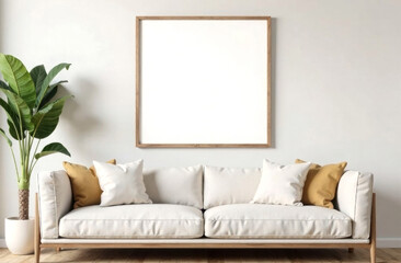 Interior of a room in calm beige tones with an empty picture frame on the wall.