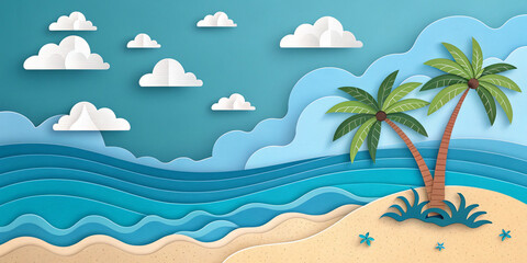 A Sea Landscape Featuring a Beach with Waves, Palm Trees, and Clouds in a Paper Cut Style