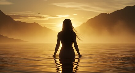 Fototapeta premium Enigmatic mermaid silhouette at sunset by the ocean