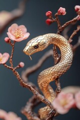 Golden snake winds through blossoming branches with flowers.