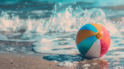 A colorful beach ball on the sandy shore.