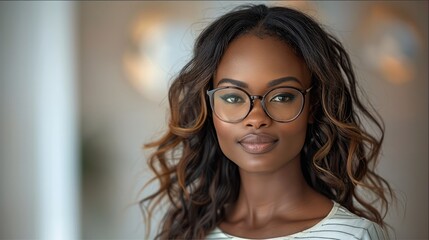 African female accountant with glasses, long wavy hair, age 45, cream background.