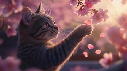 桜の花びらを触る猫の愛らしい遊び