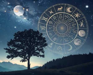 Zodiac signs inside of horoscope circle. Astrology in the sky with many stars and moons astrology and horoscopes concept full moon