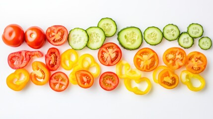 A colorful array of freshly sliced vegetables, Including crisp cucumbers, vibrant bell peppers