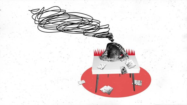 Motion creative art poster collage video of tired businesswoman lay workplace table workload pressure burnout mess